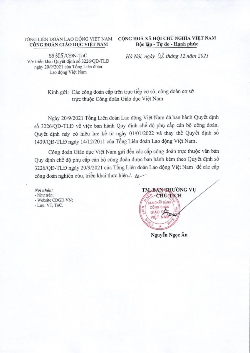 Công văn về việc triển khai Quyết định 3226/QĐ-TLĐ ngày 20/9/2021 của Tổng Liên đoàn Lao động Việt Nam