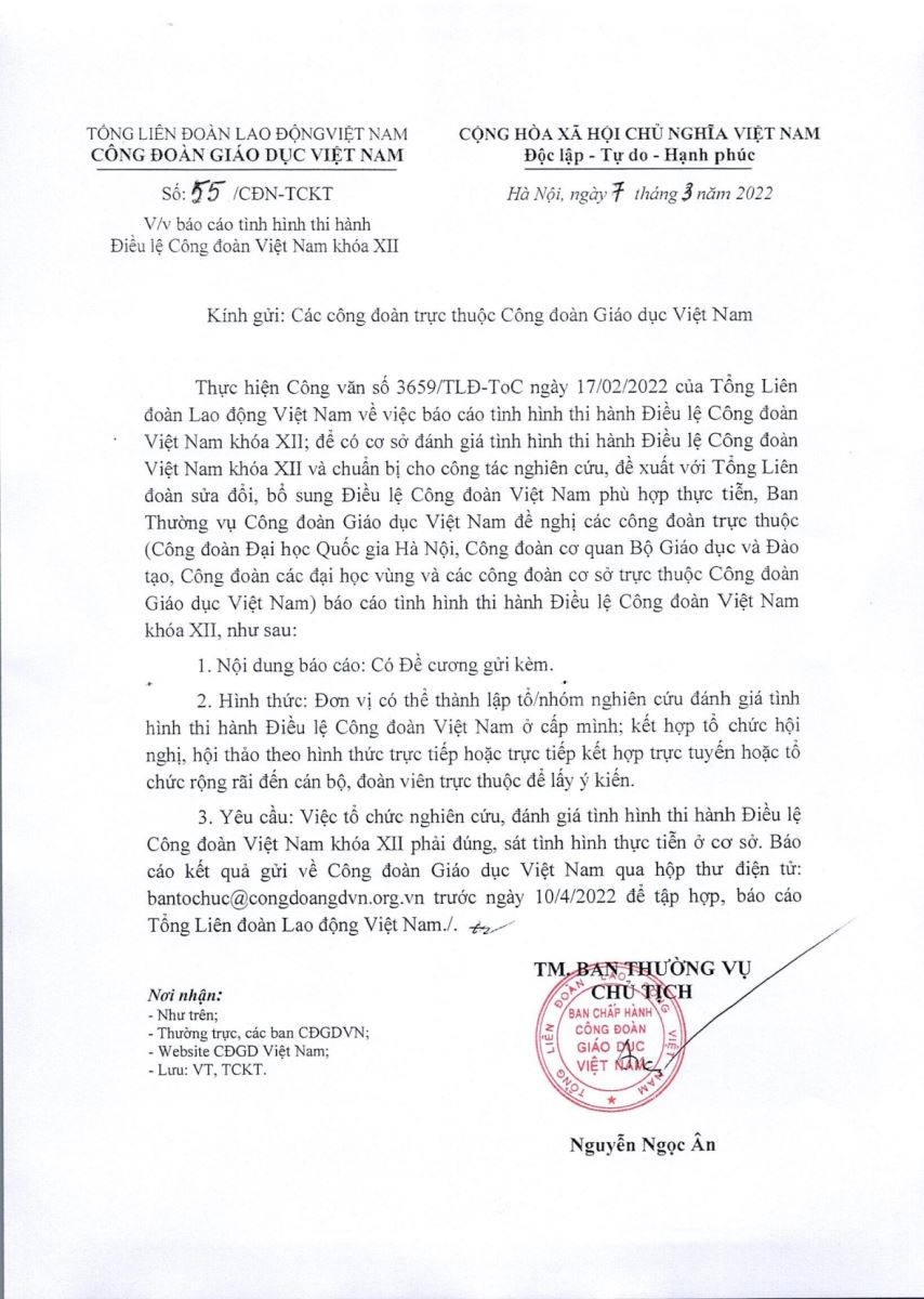 Báo cáo tình hình thi hành Điều lệ Công đoàn Việt nam khóa XII