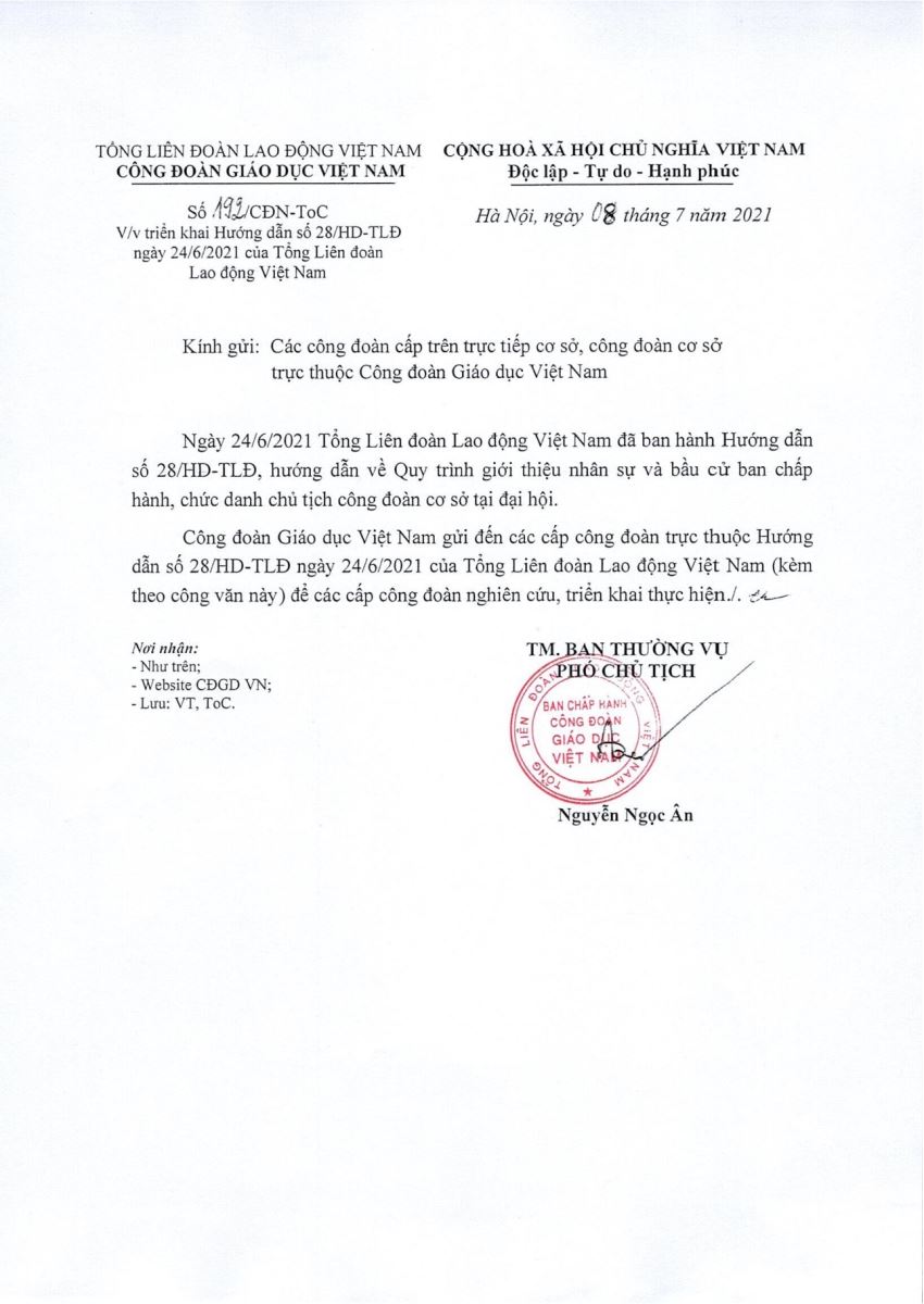 Công văn số 192/CĐN-ToC Về việc triển khai hướng dẫn số 28/HD-TLĐ ngày 24/06/2021 của Tổng liên đoàn lao động Việt nam