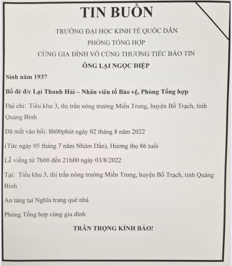 Thông báo tin buồn phòng Tổng hợp