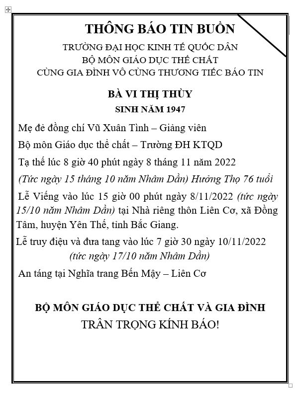 Thông báo Tin buồn Bộ môn Giáo dục thể chất