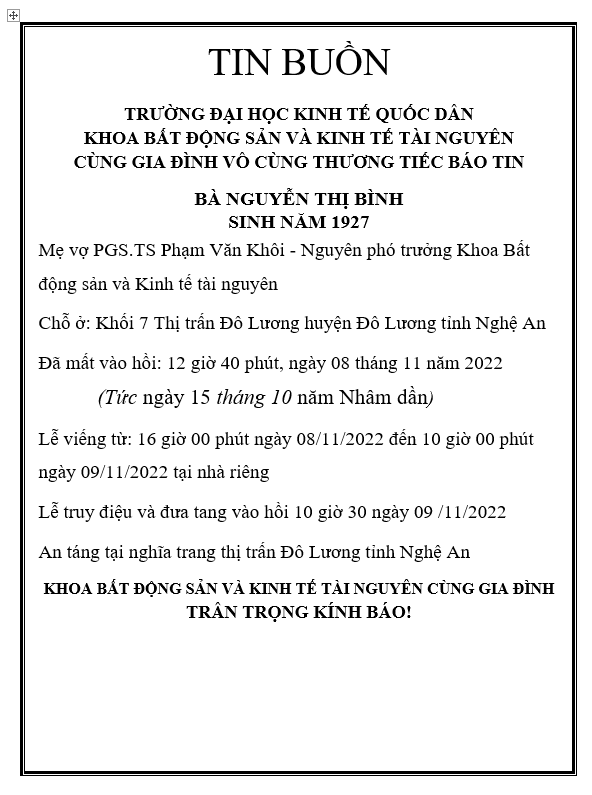 Thông báo tin buồn Khoa Bất động sản và Kinh tế Tài Nguyên