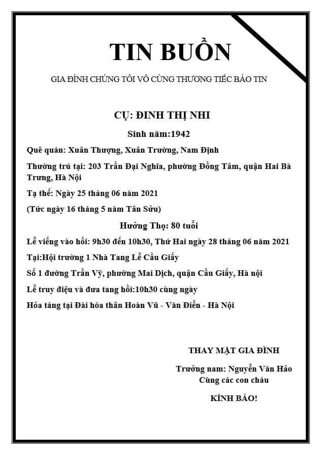 Công đoàn Trường Đại học Kinh tế Quốc dân thông báo: Mẹ đẻ TS. Nguyễn Thị Hào, trưởng bộ môn Những nguyên lý cơ bản của CN Mác Lênin, Khoa Lý luận Chính trị tạ thế ngày 26/6/2021. Xe đi viếng đám hiếu nhà cô Hào xuất phát lúc 8h45 (thứ 2 ngày 28/6) tại cổng Nhà 9.    Công đoàn Trường trân trọng kính báo!