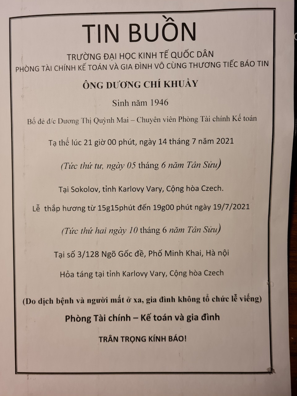 Công đoàn Phòng Tài chính Kế toán thông báo Tin buồn