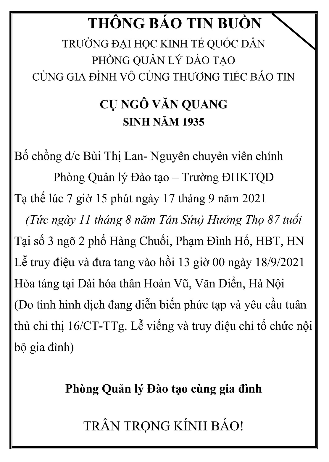 Phòng Quản lý Đào tạo thông báo tin buồn 