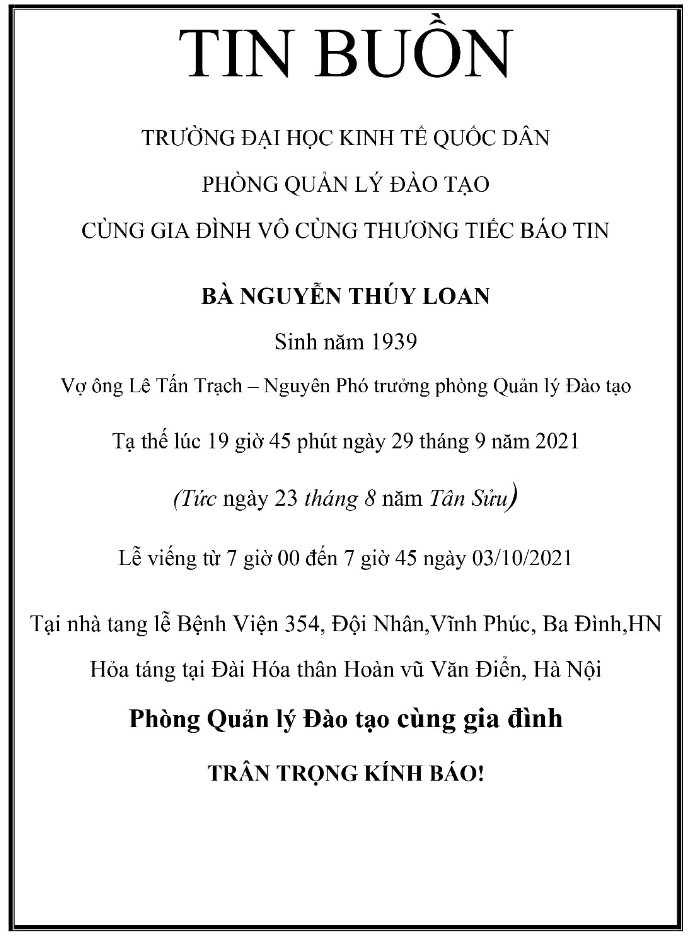 Công đoàn Phòng Quản lý Đào Tạo thông báo tin buồn