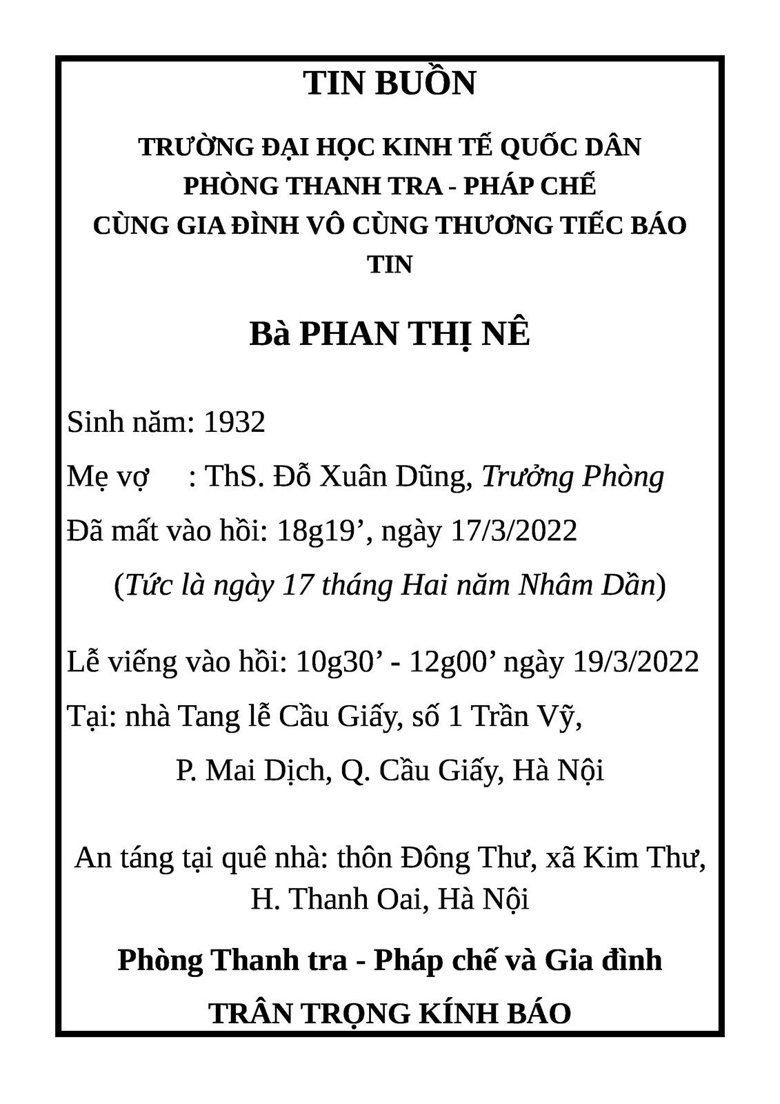 Thông báo tin buồn Phòng Thanh Tra - Pháp Chế