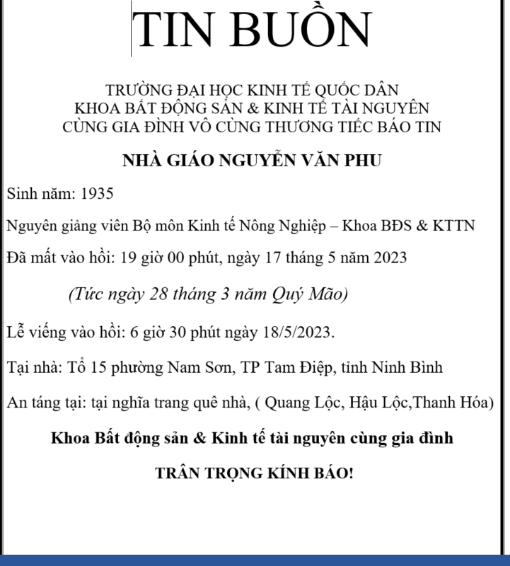 Thông báo tin buồn Khoa BĐS & KTTN