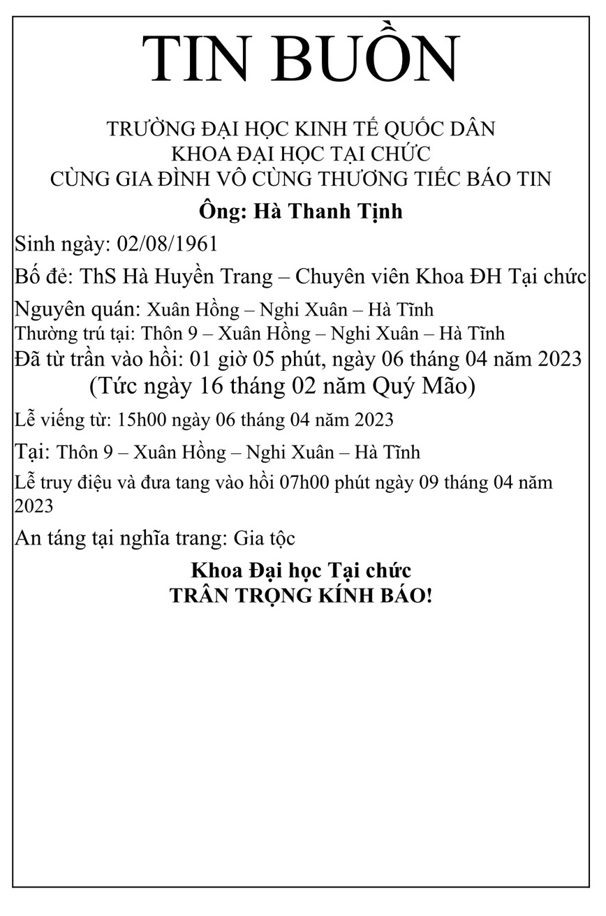 Thông báo tin buồn Khoa Đại học tại chức