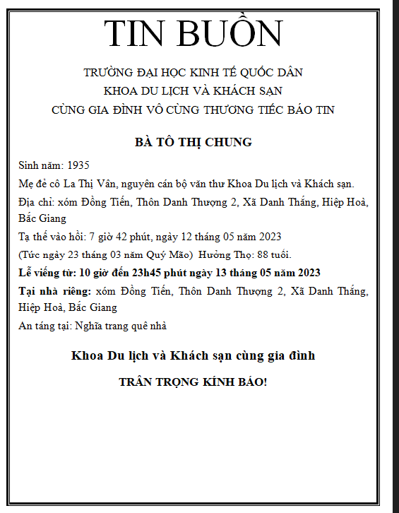 Thông báo tin buồn Khoa Du lịch & Khách sạn