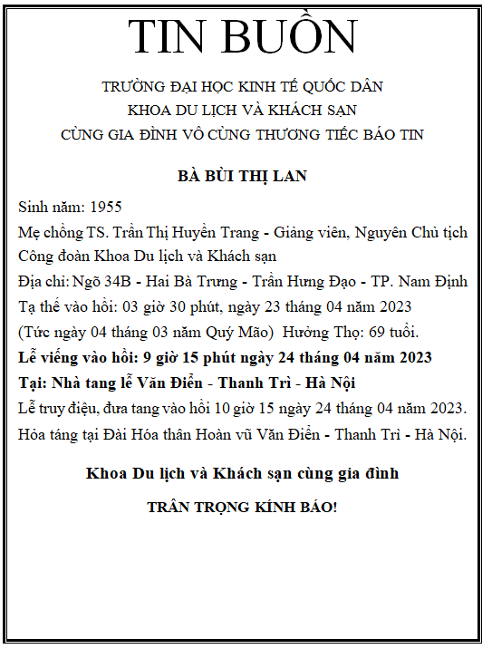 Thông báo tin buồn Khoa Du lịch & Khách sạn