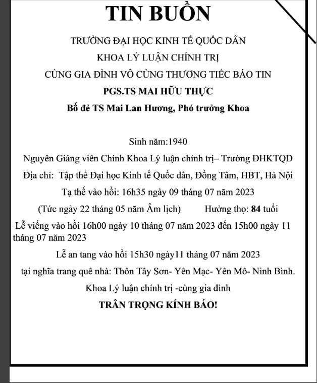 Thông báo tin buồn Khoa Lý luận chính trị