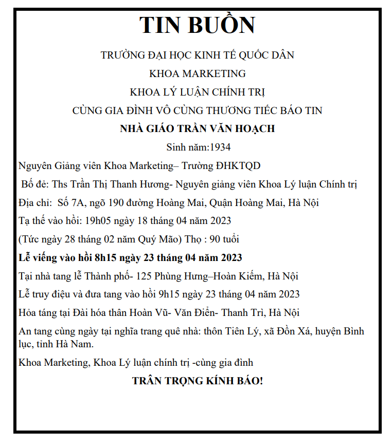 Thông báo tin buồn Khoa Marketing, Khoa LLCT