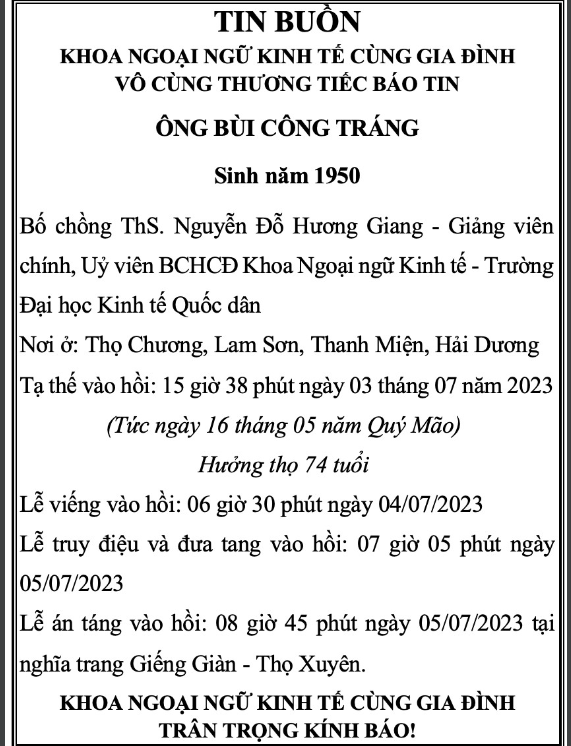 Thông báo tin buồn Khoa Ngoại ngữ kinh tế