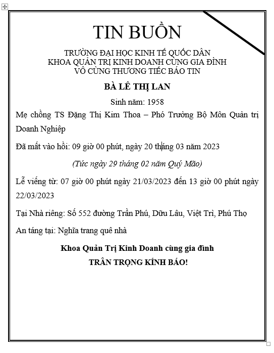 Thông báo tin buồn Khoa Quản Trị Kinh Doanh