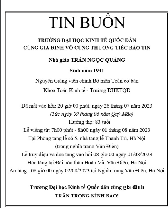 Thông báo tin buồn Khoa Toán Kinh tế