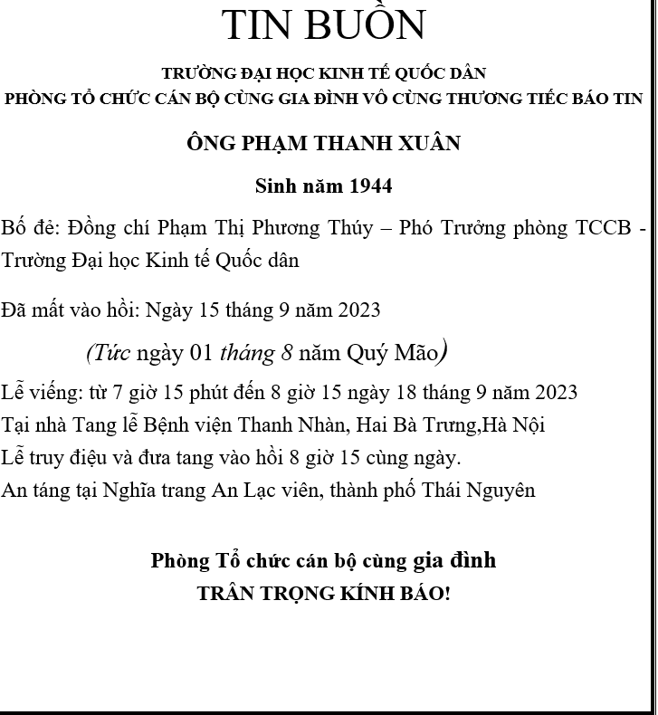 Thông báo tin buồn Phòng Tổ chức cán bộ