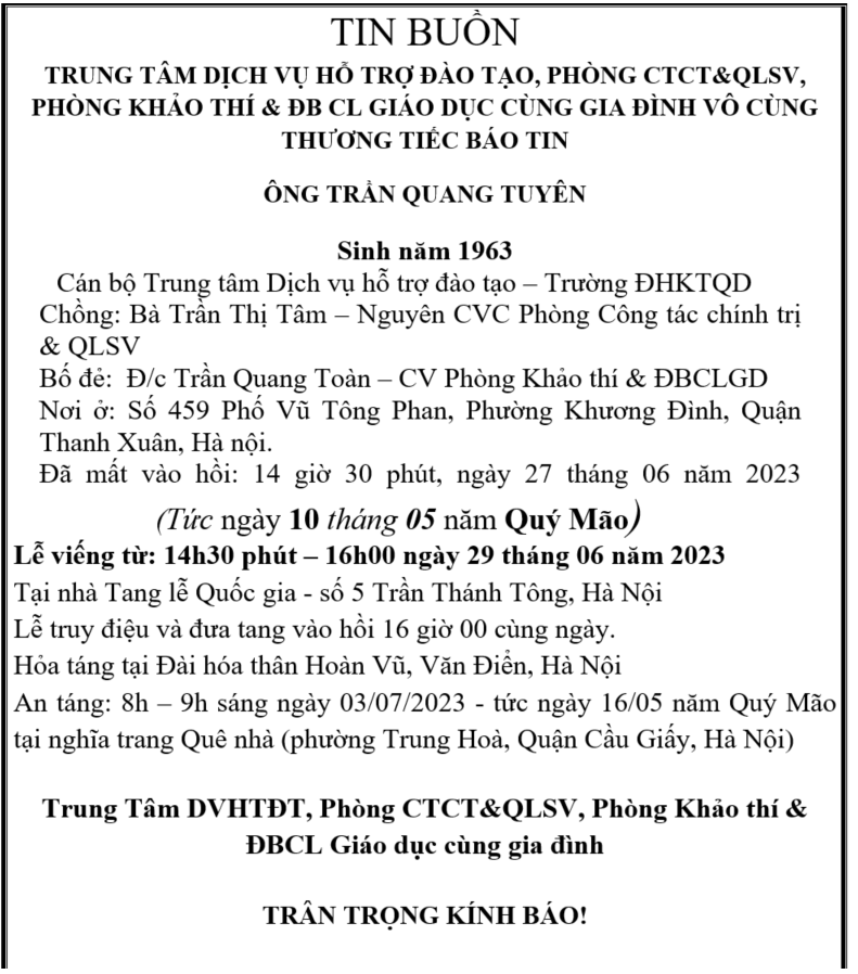 Thông báo tin buồn Trung TDVHTĐT, P.CTCT&QLSV. PKT&ĐBCLGD