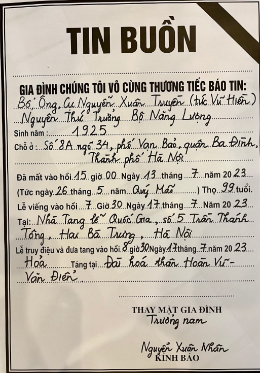 Công đoàn viện Ngân hàng - Tài chính thông báo tin buồn: Ông Nguyễn Xuân Truyền là bố đẻ PGS.TS Nguyễn Thị Thu Thảo nguyên phó trưởng bộ môn Tài chính quốc tế, viện NHTC. Trân trọng thông báo!