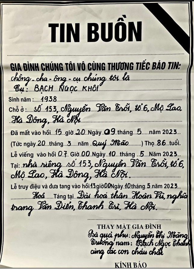 Viện Phát triển bền vững thông báo tin buồn. Bố đẻ của PGS.TS. Bạch Ngọc Thắng mất. 