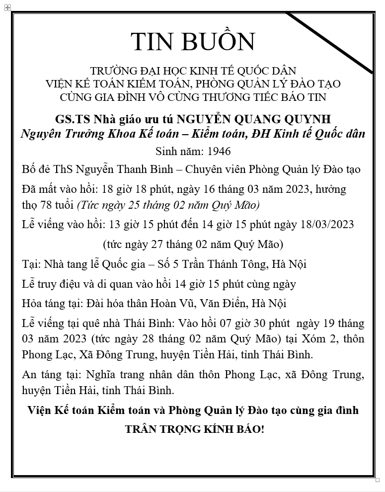 Thông báo Tin buồn Viện Kế toán Kiểm toán, Phòng Quản lý Đào tạo