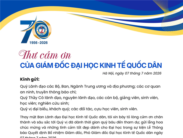 Thư cảm ơn của Giám đốc Đại học Kinh tế Quốc dân
