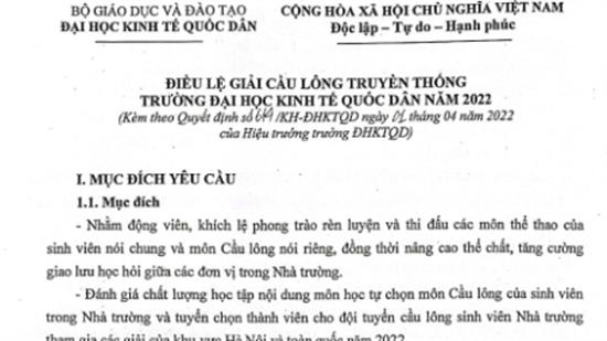 Điều lệ giải Cầu lông truyền thống Trường Đại học Kinh tế Quốc dân năm 2022