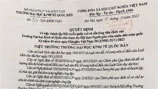 Quyết định thành lập đội tuyển Quần vợt và Cầu lông tham gia giải Nhà giáo Nhân dân toàn quốc Kỷ niệm 40 năm Ngày Nhà giáo Việt nam 20/11/1982 - 20/11/2022