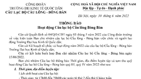 Thông báo hoạt động Câu lạc bộ Cầu lông - Bóng bàn